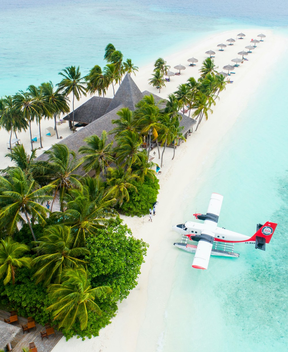 Palm trees, white sand and a seaplane beside a Maldives island